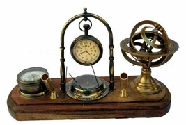 Antique Brass Pen Holder Compass Armillary Design Table Desktop - £58.54 GBP