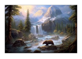 Art Giclee Oil Painting Bear Fishing by est Waterfall in the Morning Sunlight - $9.49+