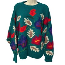 Vintage Le Moda Chunky Knit Sweater Turquoise Green Floral Leaves Size XL Hand - £39.71 GBP
