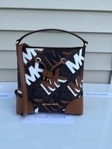 Michael Kors MK Purse Mercer Medium Drawstring Bucket Messager Bag -Brown Multi - £143.77 GBP