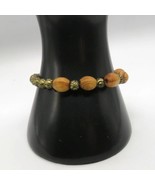 Beaded Bracelet Natural Wood Metal Beads Rose Embellished Brass Tone Str... - $14.85