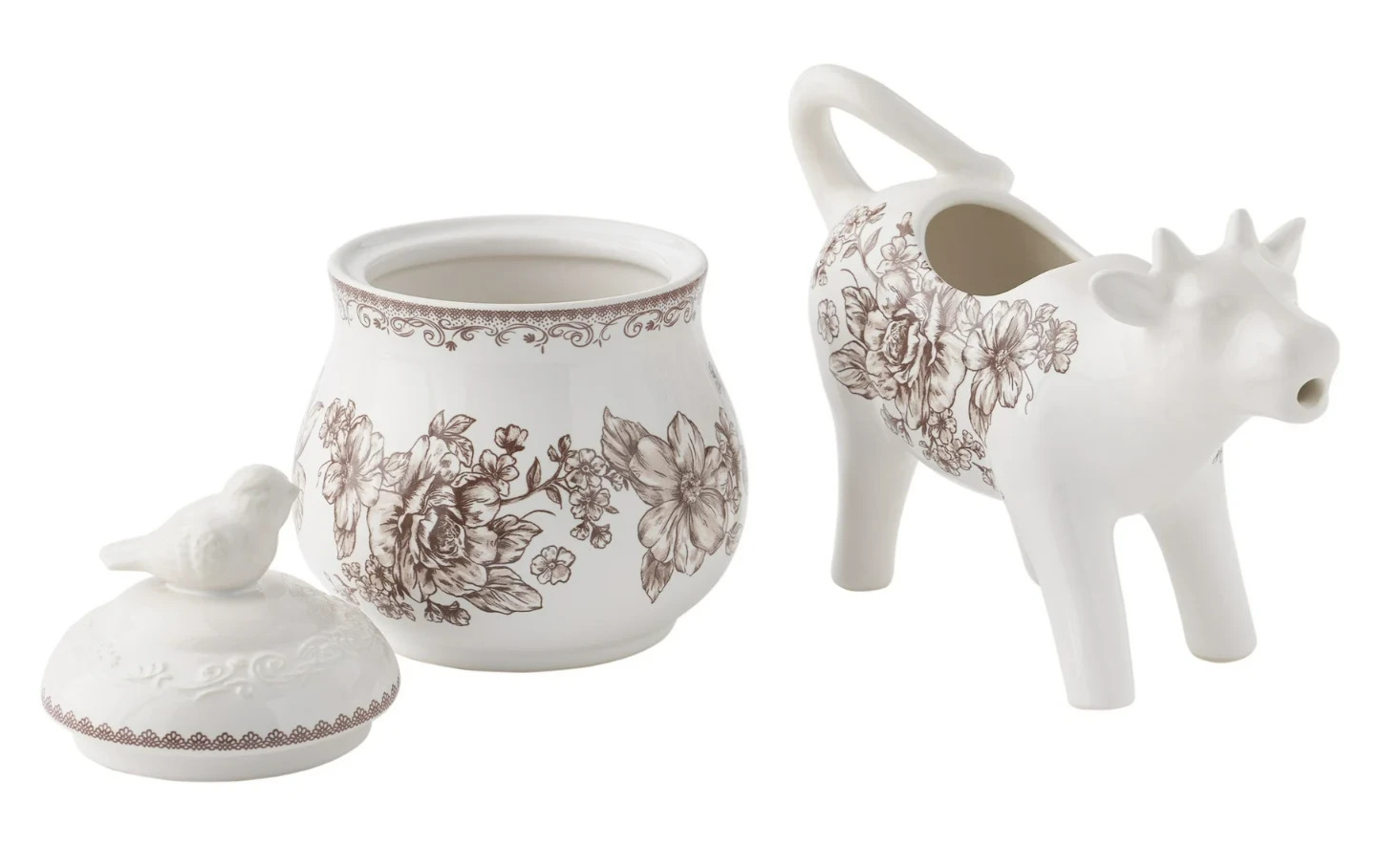 Pioneer Woman Agatha Stoneware Sugar Bowl & Creamer Set Brown White Home Gift Item image 4