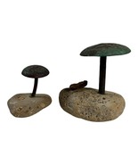 Garden Vtg Bronze MCM Brutalist Rustic Stone &amp; Metal Mushroom Art Sculpt... - £44.60 GBP