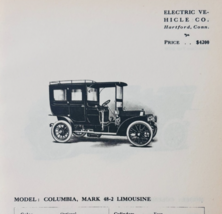 1908 Electric Vehicle Co Mark 48-2 Limo Catalog Advertisement Automobili... - $568.44 MXN