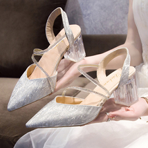 Bling High Heels Pumps Woman Elegant Crystal Strap Square Heels Wedding Shoes Wo - £28.51 GBP