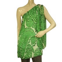 Milly 100% Silk Green Paisley Floral One Shoulder Long Blouse Top Size 4 - $84.15