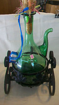 Vintage Hand Blown Green Glass Wine Bottle Decanter With Ice Chamber From Italy - £112.88 GBP