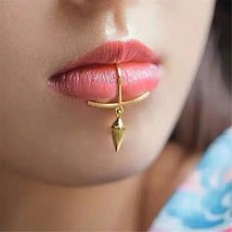 Gold Geometric Lip Ring Hoop with Dangle Spike – Statement Fake Piercing... - $15.00