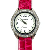 Gruen Women&#39;s Watch Silver Tone  w/ Crystal Bezel - Red Faux Leather Ban... - $19.79
