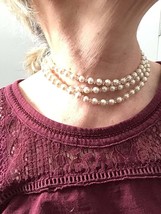Vintage 3 Strands Faux Pearl &amp; Crystal Choker Necklace - Mothers Day gift - Vint - £13.64 GBP
