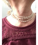 Vintage 3 Strands Faux Pearl & Crystal Choker Necklace - Mothers Day gift - Vint - $16.99