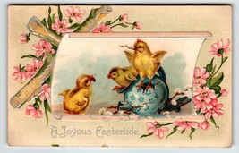 Easter Postcard Baby Chicks Painted Egg Pink Flowers Embossed Germany Unposted - £3.14 GBP