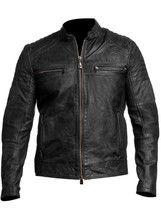 MEN&#39;S BIKER VINTAGE BLACK CAFE RACER LEATHER JACKET - $119.99
