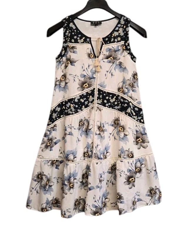 POL Clothing Womens Small Floral Print Tiered  Dress Crochet Trim Cottag... - £19.35 GBP