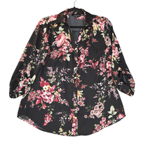 Fortune + Ivy Womens Medium Button Up Blouse Floral Semi Sheer Round Hem... - $10.58