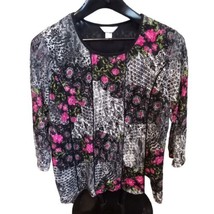 CJ Banks Women&#39;s Black Pink Floral Lace Net 3/4 Sleeve Lined Pullover To... - £9.50 GBP