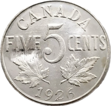 5 centesimi canadesi 1926 - George V Nickel Design Revival - $18.59 CAD