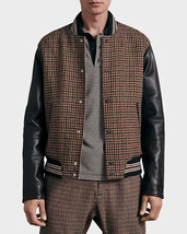 rag &amp; bone Men&#39;s Houndstooth Wool Varsity Jacket in Brown Houndstooth-Medium - £277.35 GBP