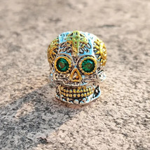 Vintage Retro Skull Head Ring Jewelry, Men&#39;s Carving Ghost Head Green Eye Finger - £21.94 GBP