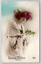 RPPC Lovely Edwardian Woman Bonne Annee Hand Colored New Year Postcard S21 - £10.35 GBP