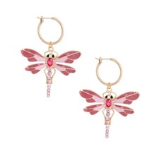 Women Pink Epoxy Rhinestone Dragonfly Charm Baby Hoop Gold Over Fashion Earring - £30.05 GBP