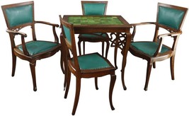 Antique Card Table with 4 Chairs Art Nouveau Oak Green Majolica Tile Upholstery - £2,857.30 GBP