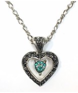 Teal Glass Solitaire &amp; Faux Marcasite Accent Heart Pendant Necklace - $16.00