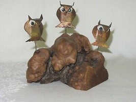Burled Burl Wood Base Figurine w 3 Patina Copper Owls Googly Eyes - $29.69