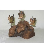 Burled Burl Wood Base Figurine w 3 Patina Copper Owls Googly Eyes - £23.64 GBP