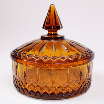 Vintage Indiana Glass Princess Pattern Amber 6” Round Candy Dish With Li... - $13.55
