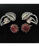 Sarah Coventry Clip On Earrings Wind Song Silver Tone Leaf  Ruby Red gol... - $19.88 CAD