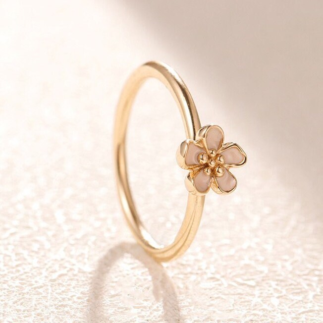 Spring Release 14K Gold Plated Cherry Blossom Stackable Ring with Pink Enamel