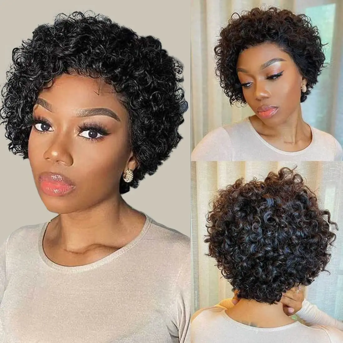 Kinky Curly Short Bob Lace Front Wig Remy Human Hair Preplucked Glueless Pixie - £24.61 GBP+