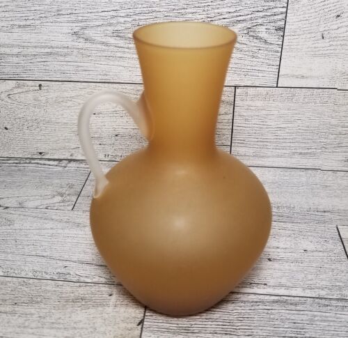 Vintage ENESCO Japan Satin Yellow Glass Bud Vase with Handle Urn Shape Mini - $17.26