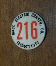 c1941 WW2 BOSTON MASS ELECTRIC CONSTRUCTION CO EMPLOYEE BADGE PINBACK PIN - $34.64