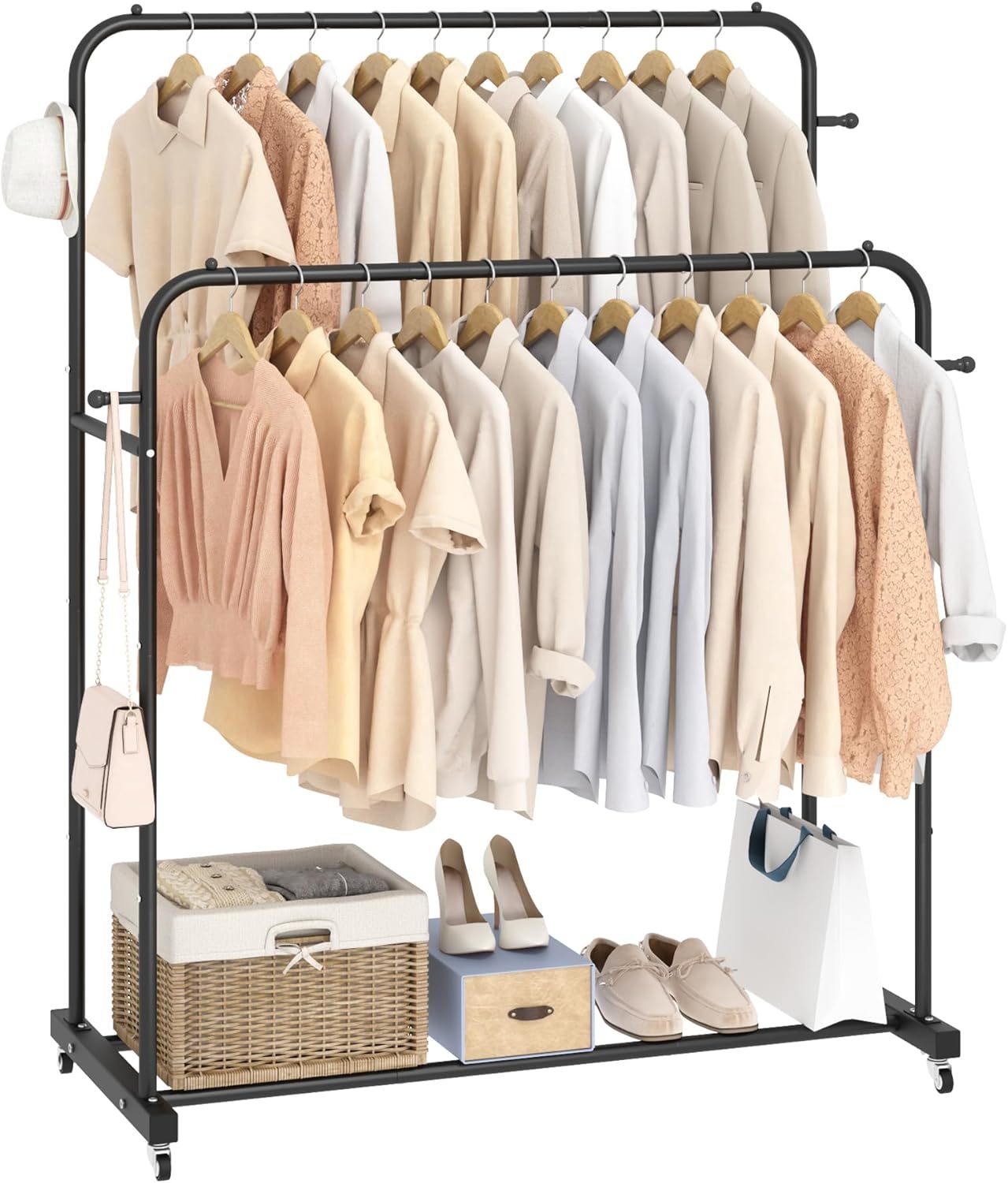 Laiensia Double Rods Garment Rack With Wheels, Clothing Rack For Hanging... - $42.99