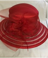 Ladies Red Straw Hat with a Netting Bow &amp; Red Feathers Satin Crown 22 1/... - $276.85 MXN