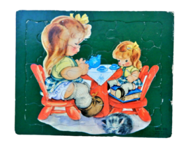 1961 Sifo Child &amp; Doll Tea Party Preschool Inlaid Jigsaw Puzzle Made in USA - $14.99