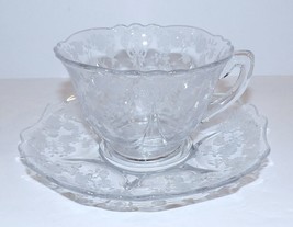 Beautiful Vintage Cambridge Glass Rose Point Clear 2 1/2&quot; Tea Cup &amp; Saucer - £20.13 GBP