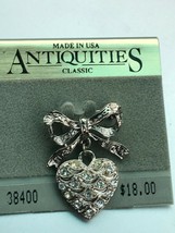 Vintage Made in USA Antiquities Silvertone Ribbon Bow w Clear Rhinestone Heart  - £11.97 GBP