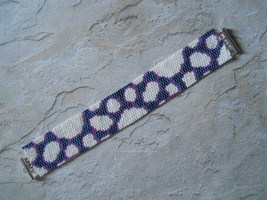 Bracelet: Blue, Purple &amp; White, Geometric Motif, Peyote Stitch, Tube Clasp - £30.67 GBP
