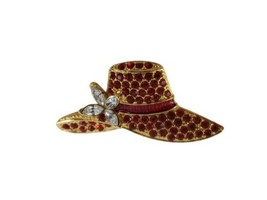 Vintage Red and White Rhinestone Ladies Hat Brooch Pin Gold Tone  - £6.57 GBP