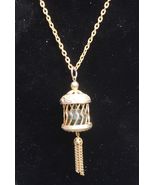Bird Cage Pendant Necklace Green Stone Gold Tone Jewelry Vintage - $29.69