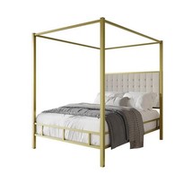 King size Gold Metal Canopy Bed with Upholstered Button-Tufted Headboard - $15,601.46 MXN