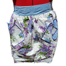 Vintage Half Apron Lilacs 2 Pockets Purple Blue Flowers Retro Sexy MCM Hostess - £14.86 GBP