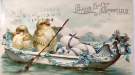 Easter Postcard Fantasy Baby Chicks Row Bird Head Canoe Boat Forget Me Nots 1911 - £11.55 GBP