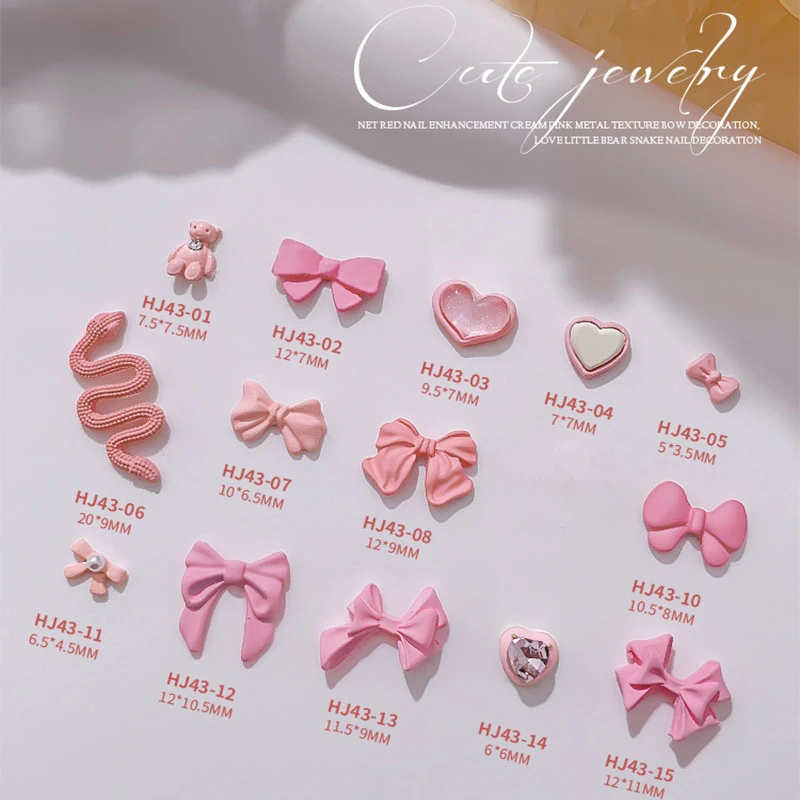 10Pcs Cute Cream Pink Alloy Nail Accessories Bow Knot Love Cross Bear Figurine - £6.78 GBP+