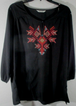 Tantrums Black Sheer Embroidered Blouse Top Women&#39;s 3/4 Sleeve SZ L - £15.57 GBP