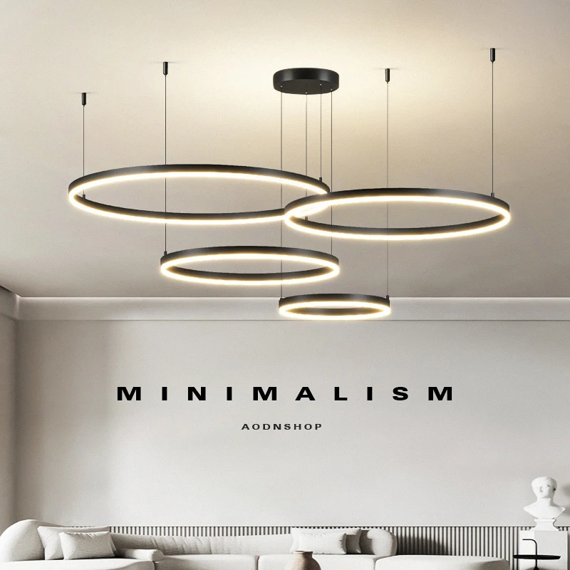 Modern Minimalist LED Chandelier Black Ring Round Lamp For Bedroom Dinin... - $294.64+