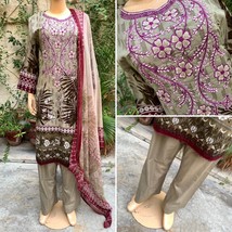 Pakistani Gray Printed Straight Shirt 3-PCS Lawn Suit w/ Threadwork ,XL - £43.63 GBP